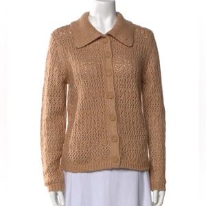 Joie Crochet Knit Collared Button Up Cardigan Sweater top boho tan light brown L